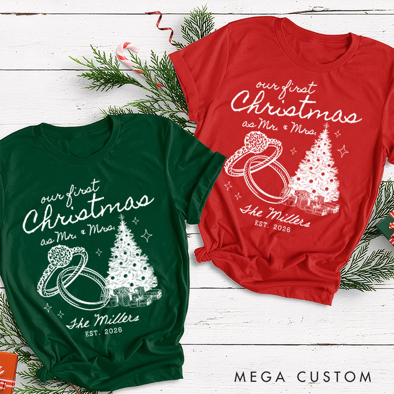 Personalized Couple Our First Christmas as Mr. and Mrs. T-Shirt Custom Newlyweds Wedding Rings Xmas Shirt for Husband Wife Married Tees Christmas Gift