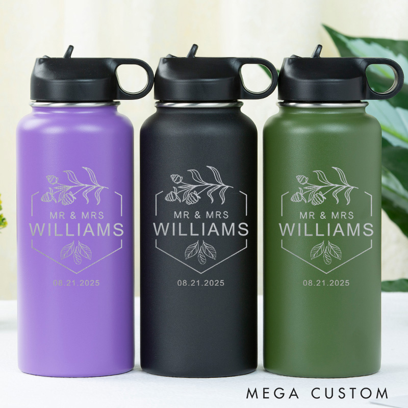 Personalized Mr and Mrs Acorns Couple 32oz Insulated Bottle with Straw