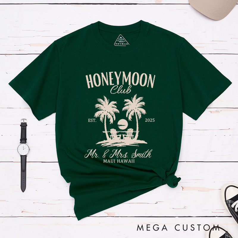 Personalized Vintage Tropical Honeymoon Club with Sunset Matching Honeymoon Couple Classic T-Shirt