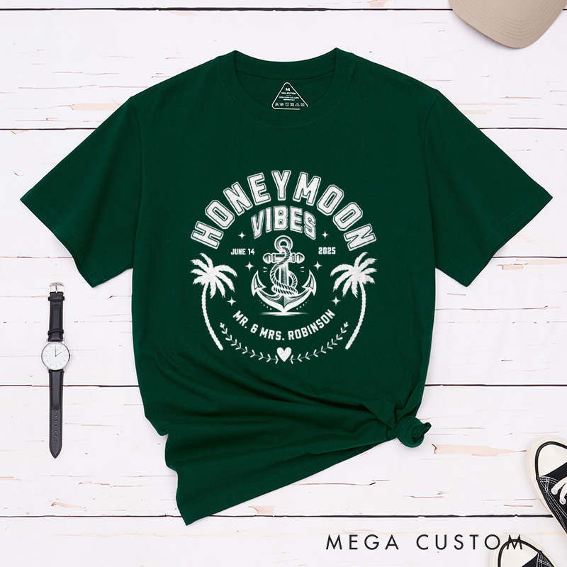 Personalized Nautical Honeymoon Vibes with Anchor and Palm Trees Matching Honeymoon Couple Classic T-Shirt