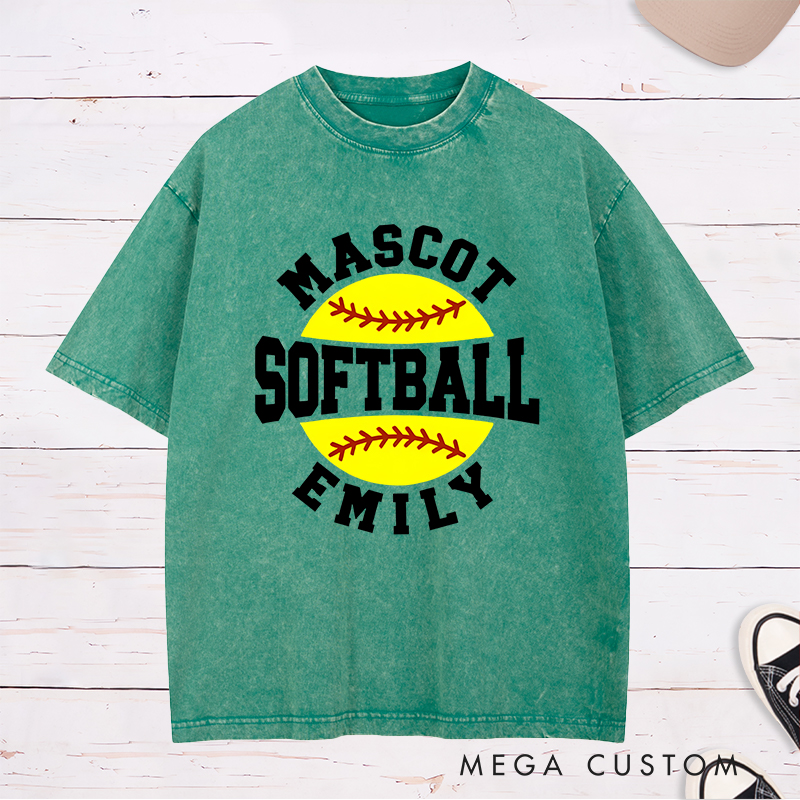 Personalized Softball Washed T-Shirt Design Featuring Custom Team Name Player Name Bold Typography and Vibrant Softball Graphic