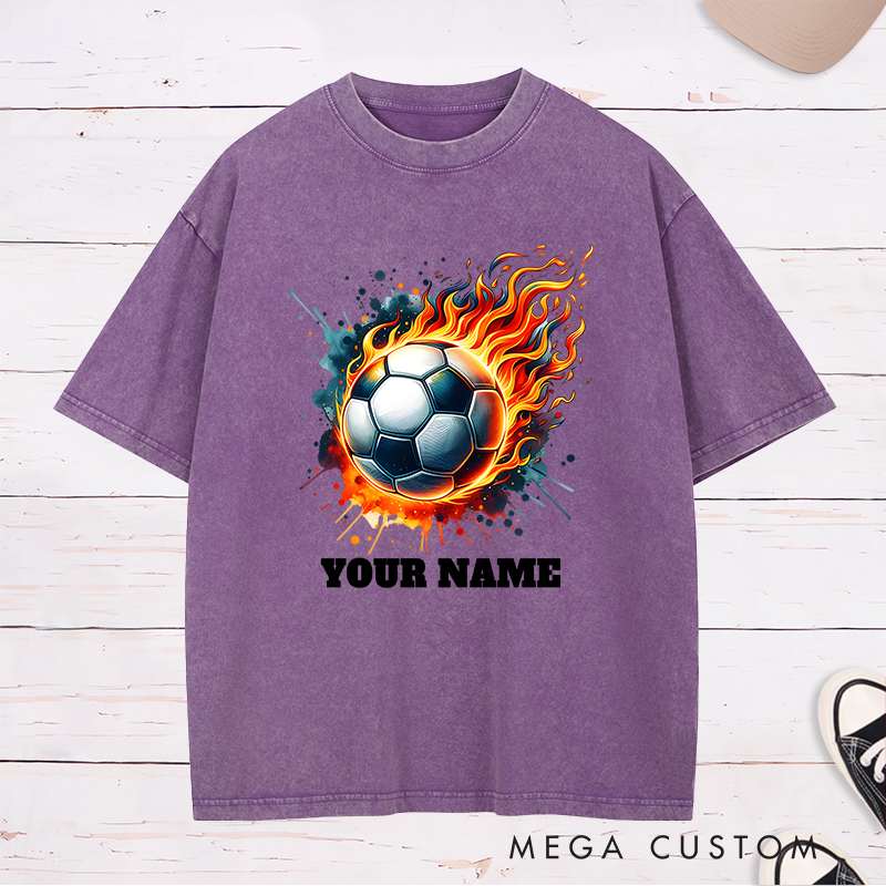 Personalized Flaming Soccer Ball Washed T-Shirt with Custom Name  