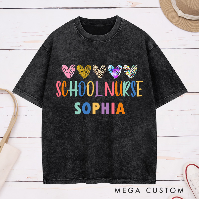 Personalized Nurse Washed T-Shirt Customized School Nurse Design Washed T-Shirt 