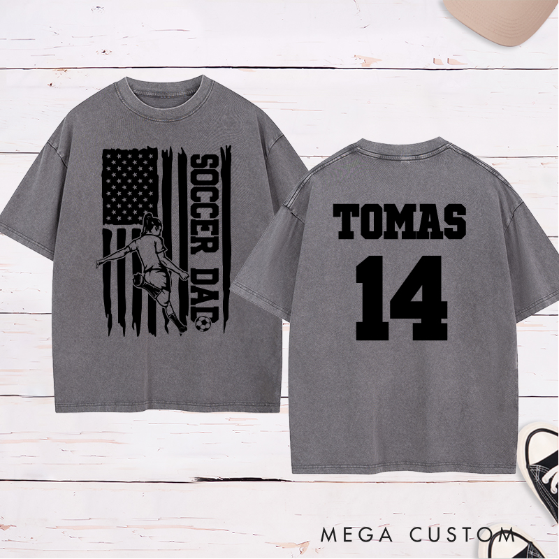Personalized Soccer Dad Washed T-Shirt with Patriotic Flag Design and Custom Name