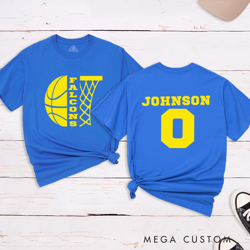 Personalized Basketball T-Shirt with Custom Team Name, Player Name, Number, and Hoop Graphic Design