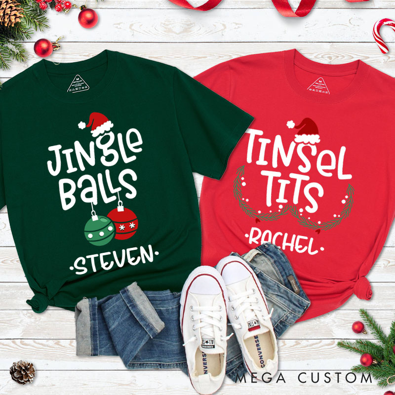Personalized Couple Jingle Balls and Tinsel Tits Christmas Matching T-Shirt Couple Xmas Ball and Wreath T-Shirt for Husband Wife Boyfriend Girlfriend