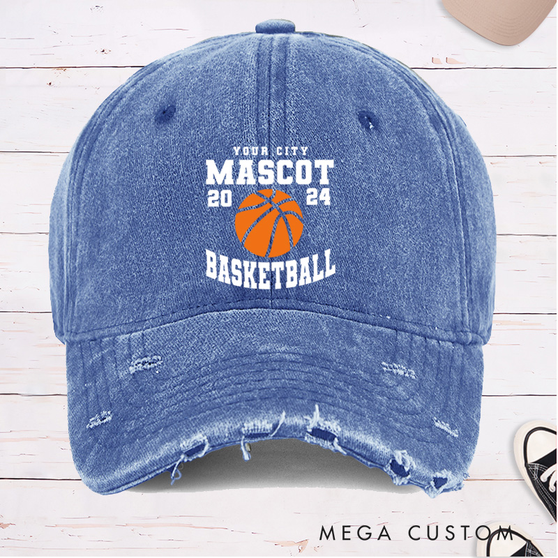 Personalized Distressed Denim Basketball Cap with Custom Team Name Year and Basketball Graphic Design