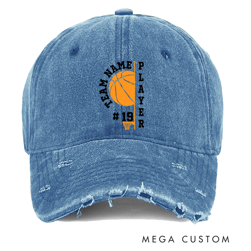 Personalized Distressed Denim Basketball Cap with Custom Team Name Player Title and Number Design