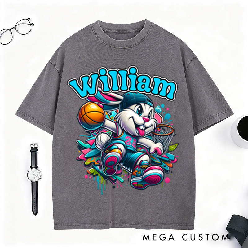 Personalized Easter Basketball Washed T-Shirt with Custom Name Design