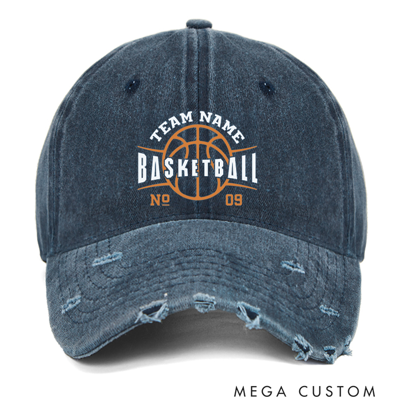 Personalized Distressed Basketball Cap with Custom Team Name Number and Basketball Graphic Design