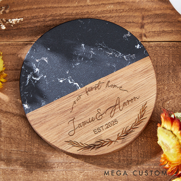 Personalized Marble and Wood Coaster Our First Home for Couple Coasters Housewarming Gift Elegant Keepsake for Celebrating New Beginnings