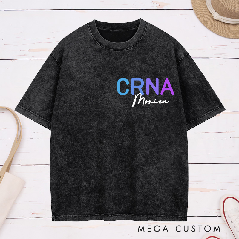 Personalized Nurse Washed T-Shirt Customized Vintage Brown CRNA Design Washed T-Shirt 