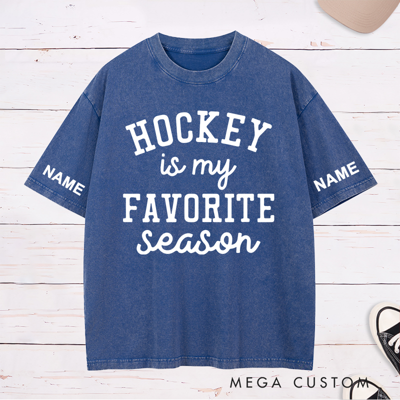 Personalized "Hockey Is My Favorite Season" Washed T-Shirt with Custom Name and Number
