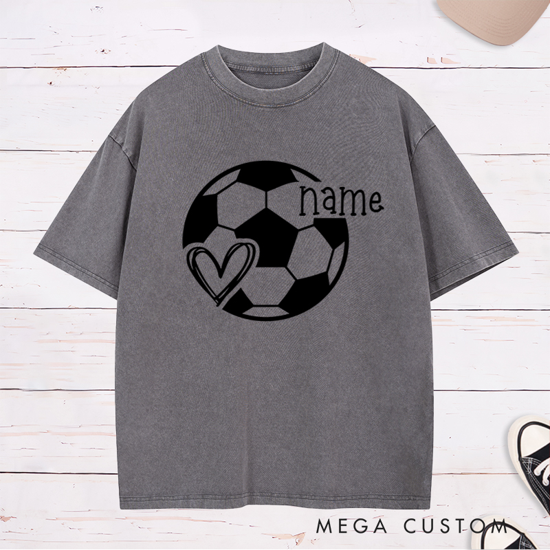 Personalized Soccer Heart Washed T-Shirt with Custom Name Design