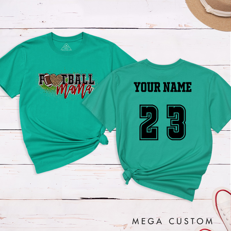 Personalized American Football Leopard Mama T-Shirts Featuring Custom Name and Number