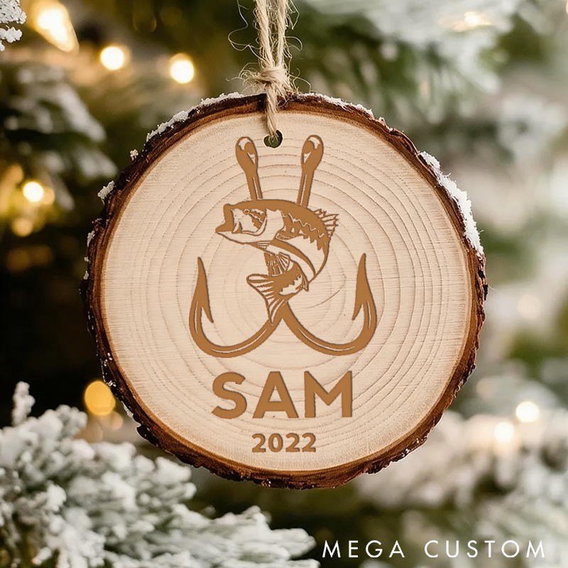 Personalized Fishing Ornament Custom Name and Time Natural Wood Christmas Ornament Perfect Christmas Gift for Fishing Enthusiasts