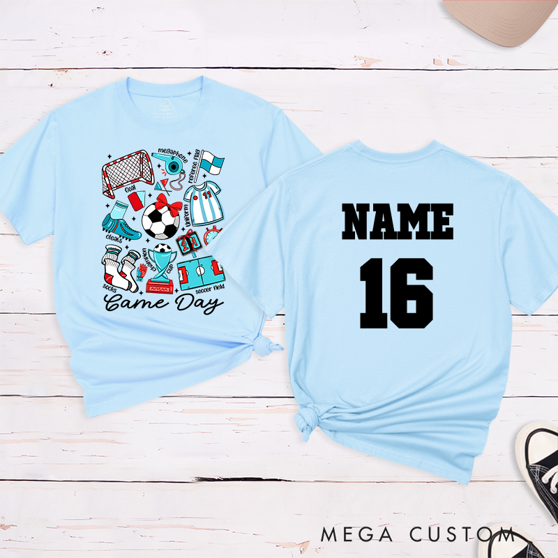 Personalized Game Day Soccer T-Shirt with Fun Illustrated Graphics and Custom Name and Number