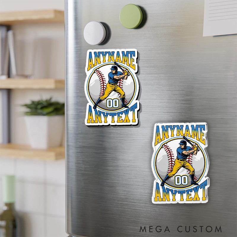 Personalized Baseball Fridge Magnet with Swinging Batter and Custom Name  