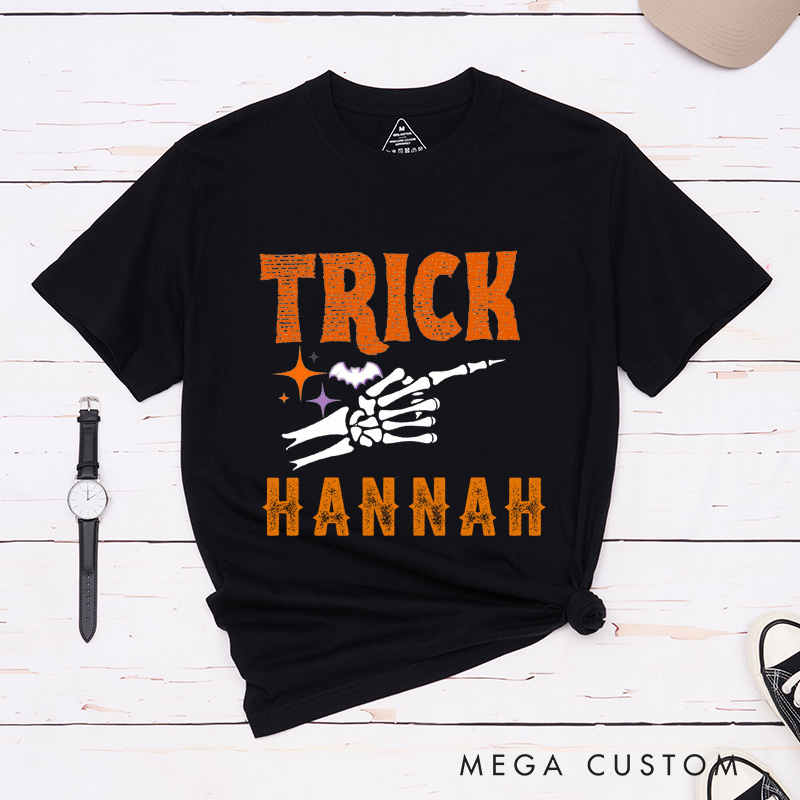 Personalized Halloween Trick Or Treat Funny Couple Matching T-Shirt Skeleton Finger Couple Shirt
