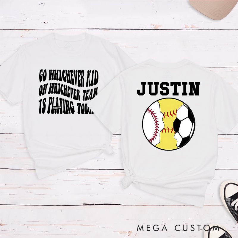 Personalized Sports T-Shirt Featuring Baseball Soccer and Softball Graphics with Customizable Back