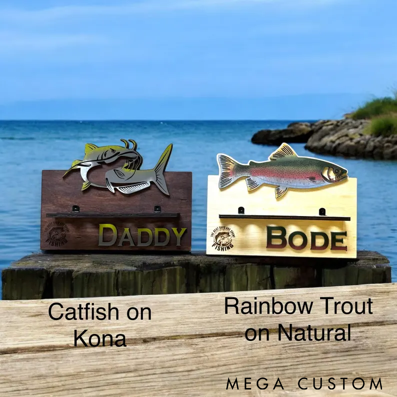 Personalized Fishing Rod Holder Wall Mount Custom Name Wooden Rack with Fish Design Perfect for Organizing Gear and Fishing Enthusiast Gifts
