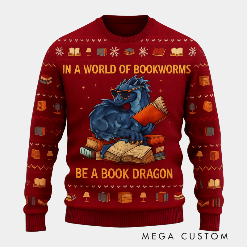 Personalized Funny Dinosaur Reading Ugly Christmas Sweater Gift for Librarians 
