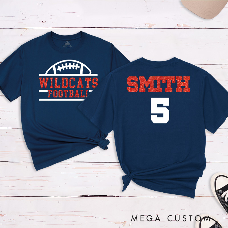 Personalized Glitter American Football and Rugby T-Shirts with Custom Team Name and Number-Game Day Shirt