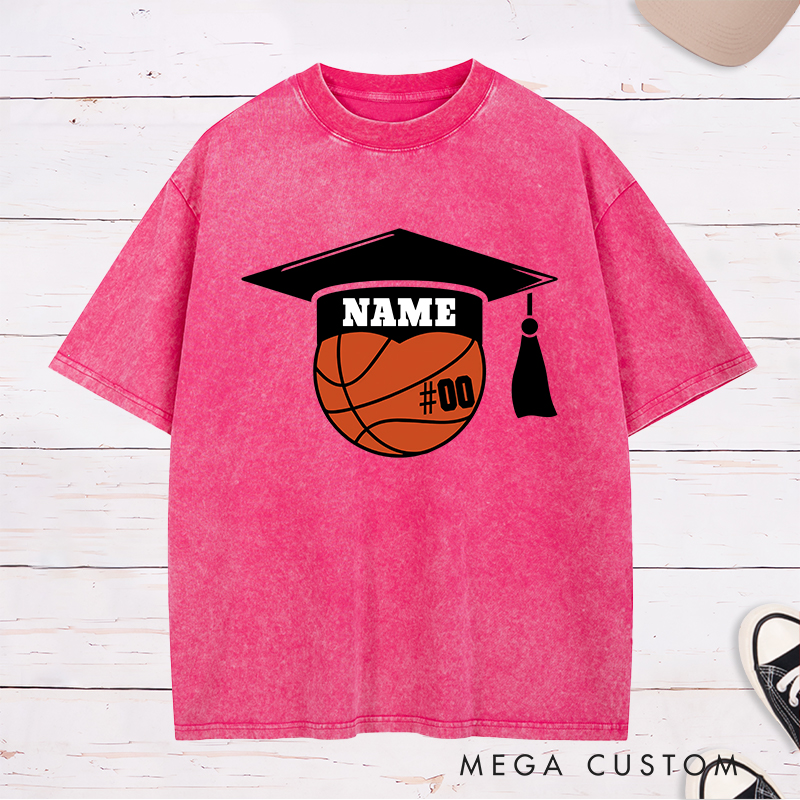 Personalized Washed T-Shirt Design Featuring a Basketball Graduation Cap Graphic with Customizable Jersey Number for a Unique Senior Look