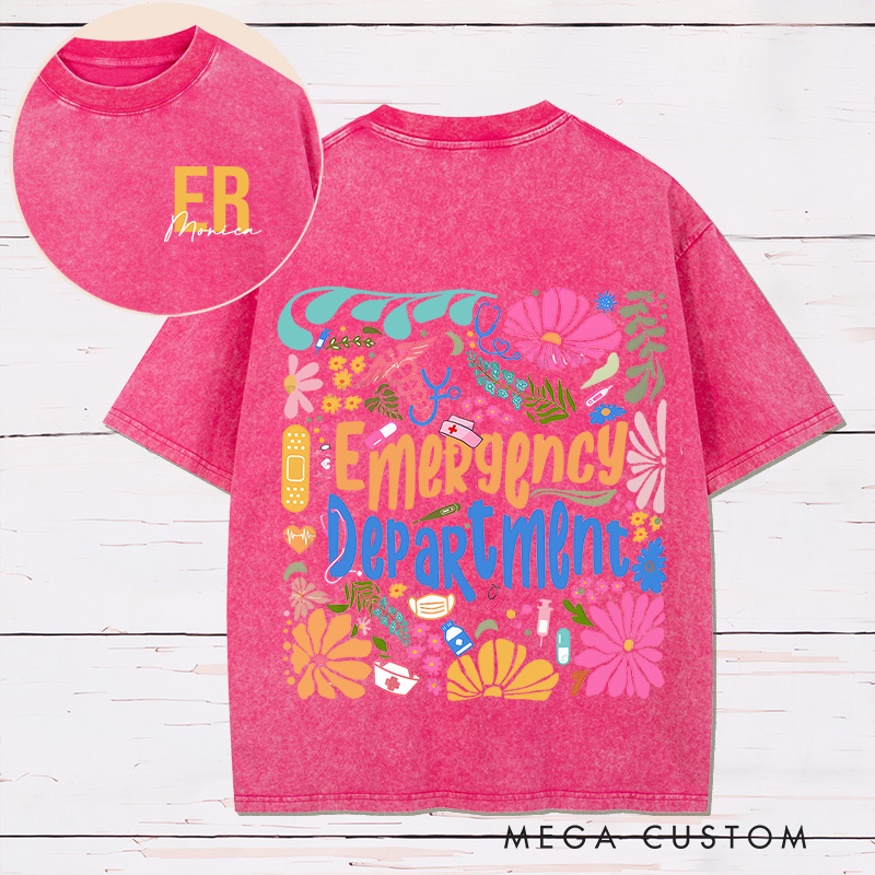 Personalized Two Sides Printed Washed T-Shirt Customized Emergency Department Vibrant Floral Design Washed T-Shirt 