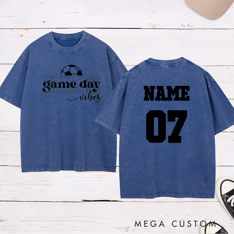 Personalized Game Day Vibes Washed T-Shirt Featuring Layered Typography and Custom Name and Number