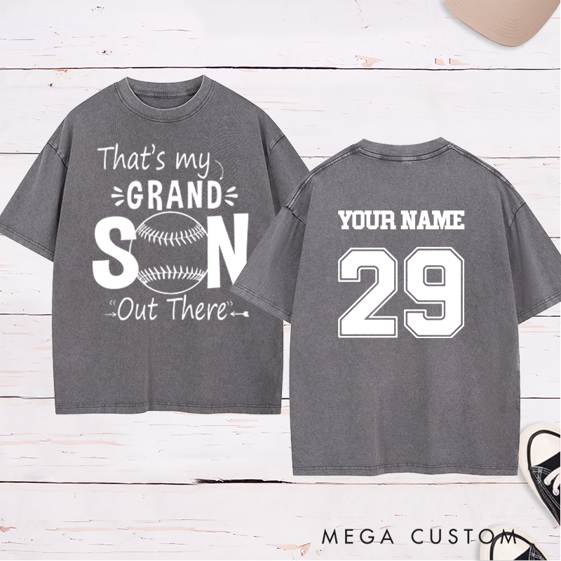 Personalized "That's My Grandson" Baseball Washed T-Shirt with Custom Name and Number