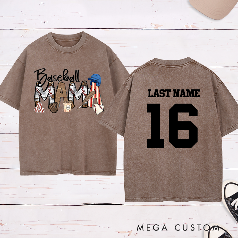 Personalized Leopard Print "Baseball Mama" Washed T-Shirt with Custom Name and Number