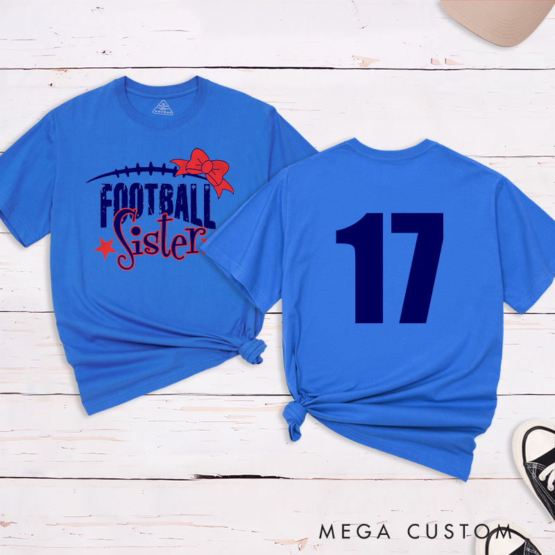 Personalized American Football and Rugby Bow Sister T-Shirts with Custom Numbers
