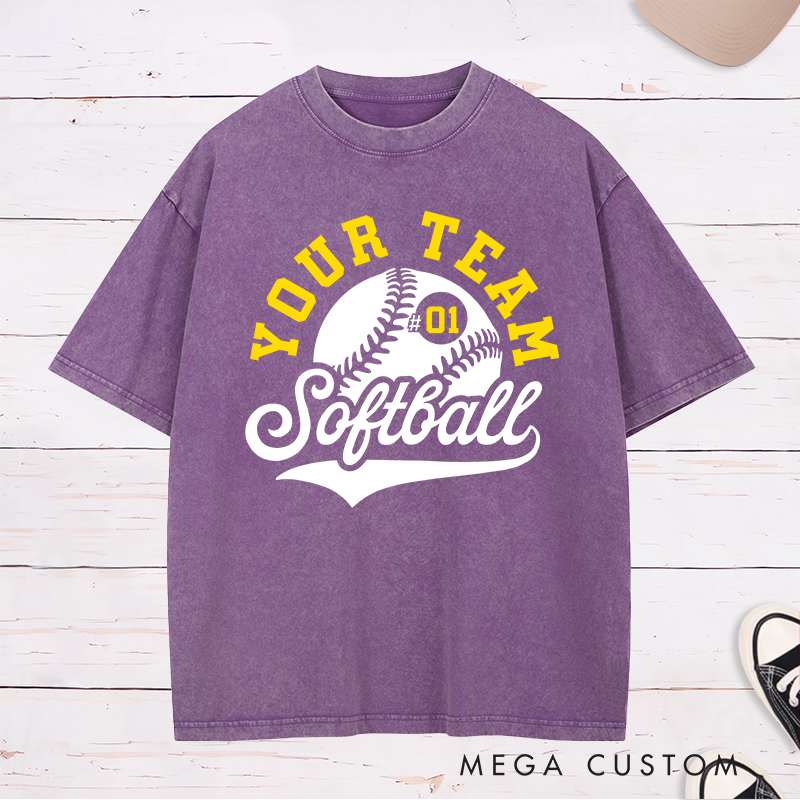 Personalized Softball Washed T-Shirt Team Logo Design Featuring a Customizable Team Name Dynamic Softball Graphic and Customizable Player Number