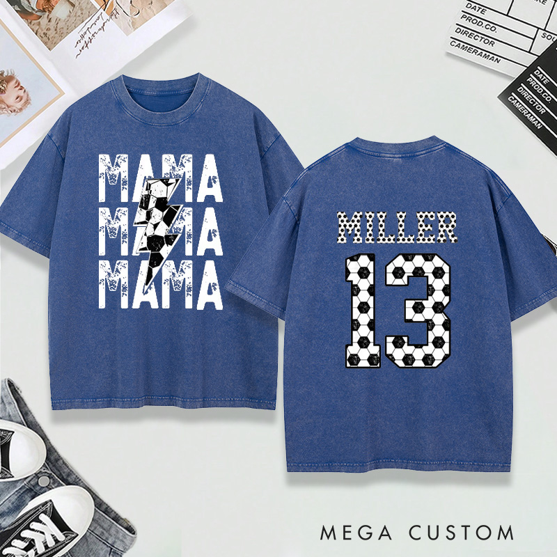 Personalized Washed T-Shirt "Mama" Soccer with Custom Name and Number Design