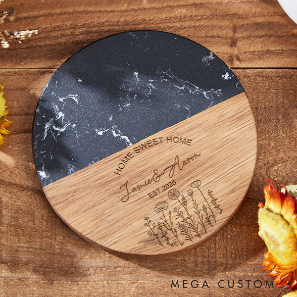 Personalized Marble And Wood Coaster Home Sweet Home Floral Coaster Wedding Housewarming Gift Engraved Engagement Gift for Couple New Home Gift