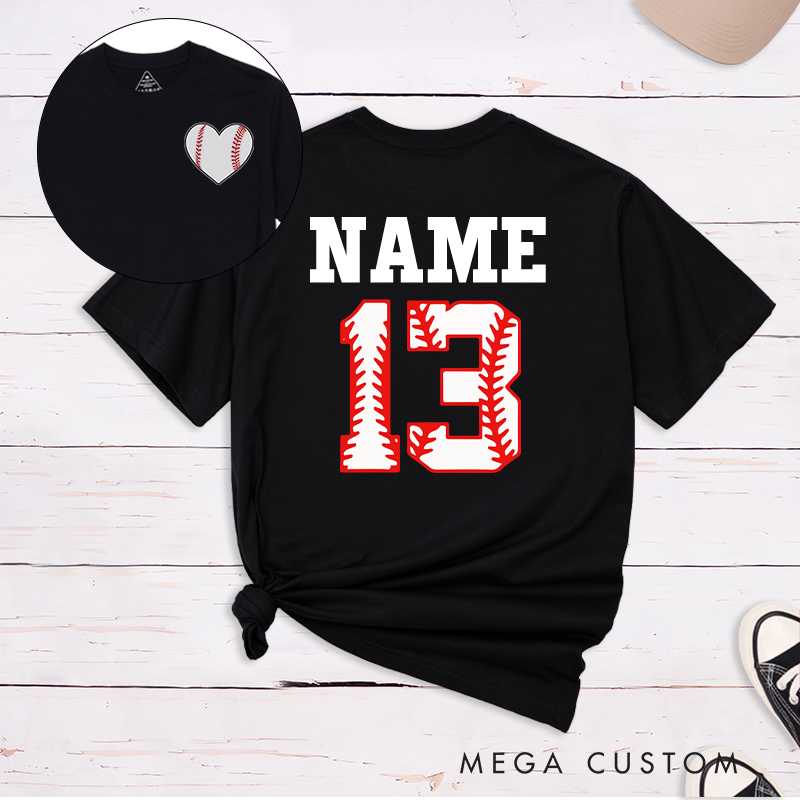 Personalized Baseball Heart T-Shirt with Custom Name and Number 