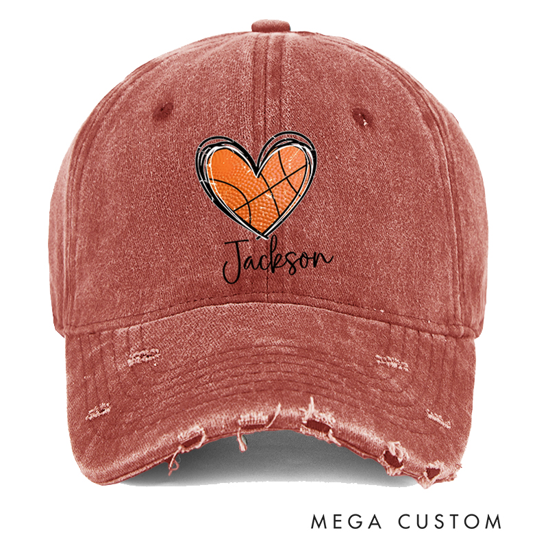 Personalized Distressed Basketball Cap with Heart-Shaped Ball Design and Custom Name