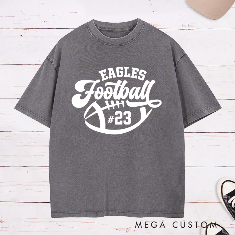 Personalized American Football Washed T-Shirts with Custom Team Name and Number,Sports Tee