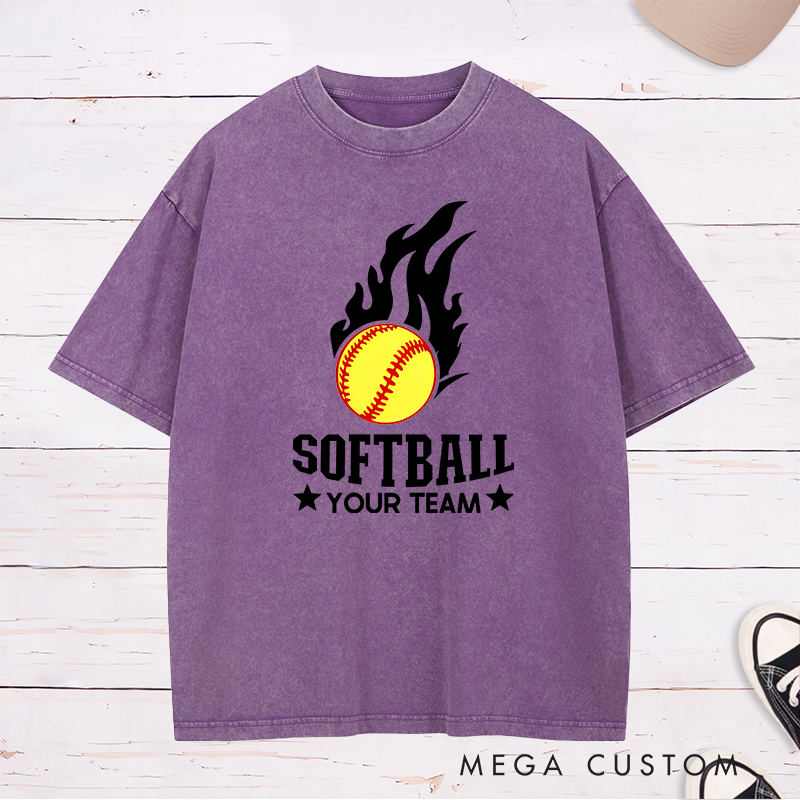 Personalized Softball Team Washed T-Shirt Design Featuring Customizable Team Name Fiery Softball Graphic with Bold Star Accents