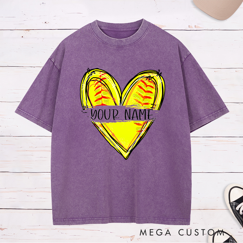 Personalized Softball Heart Washed T-Shirt Design Featuring Customizable Name with Bright Yellow Softball Stitching Graphic