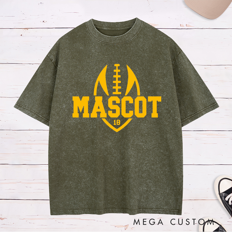 Personalized American Football and Rugby Washed T-Shirts Featuring Custom Mascot and Number on the Front