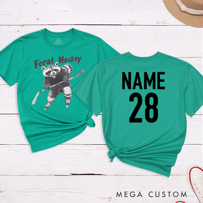 Personalized "Feral Hockey" Raccoon T-Shirt with Custom Name and Number