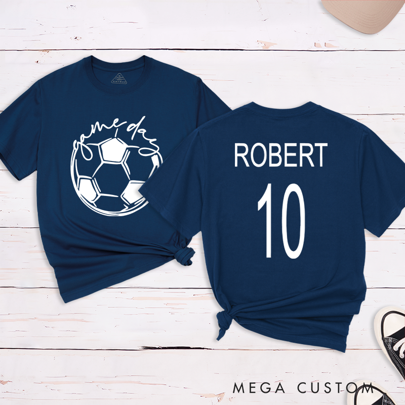 Personalized Soccer T-Shirt with Custom Name, Number, and "Game Day" Graphic Design