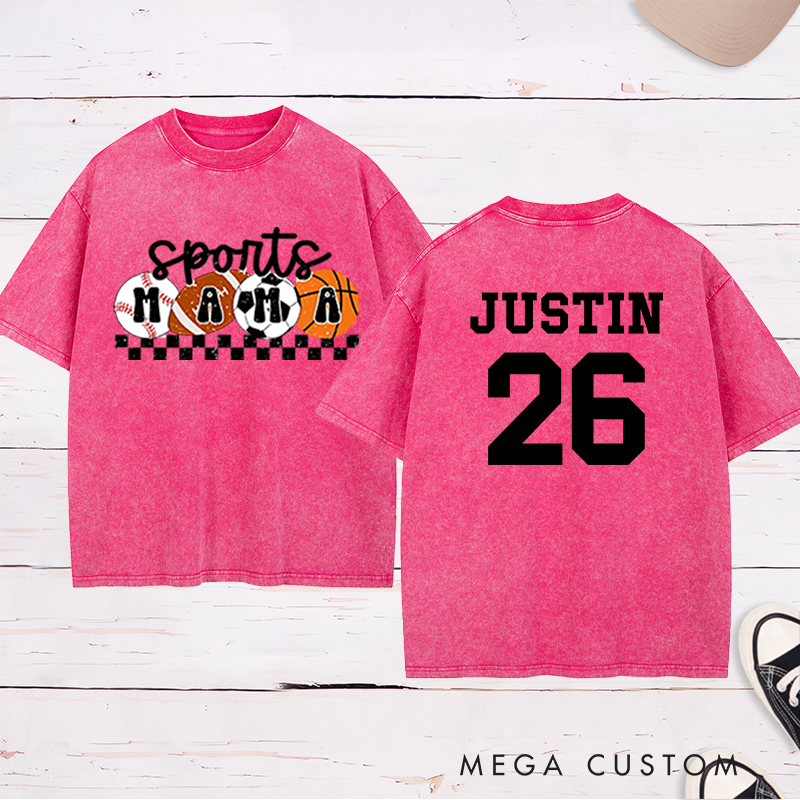 Personalized Sports Mama Washed  T-Shirt with Custom Name and Number