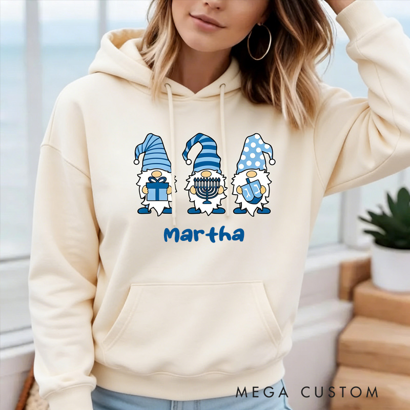 Personalized Gnomes Hanukkah Classic Hoodies with Name Unisex Hoodies Religious Gift Happy Hanukkah Gift for Jewish People