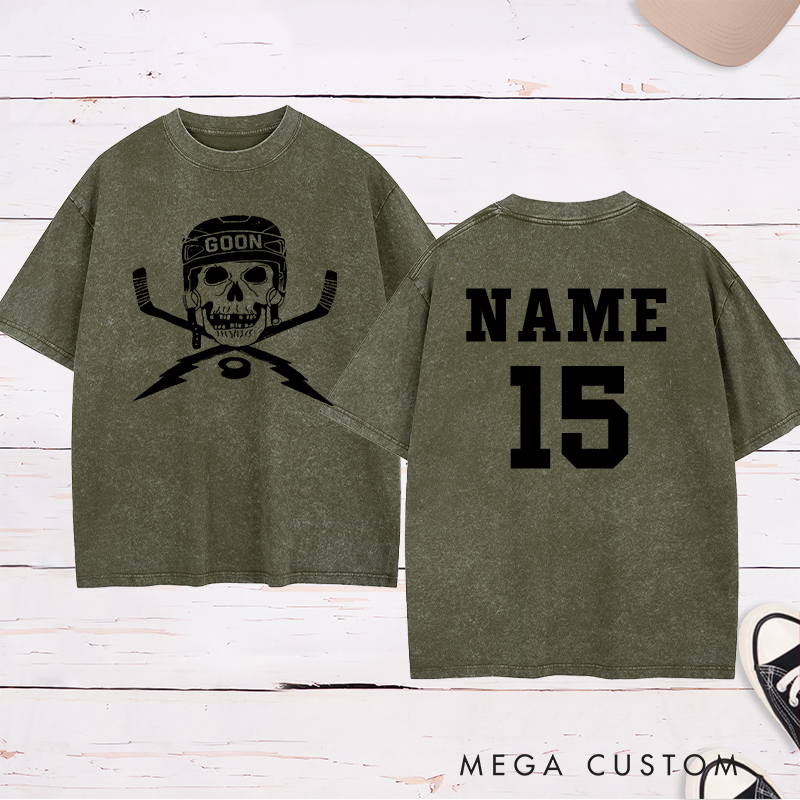 Personalized "Goon Skull" Hockey Washed T-Shirt with Custom Name and Number