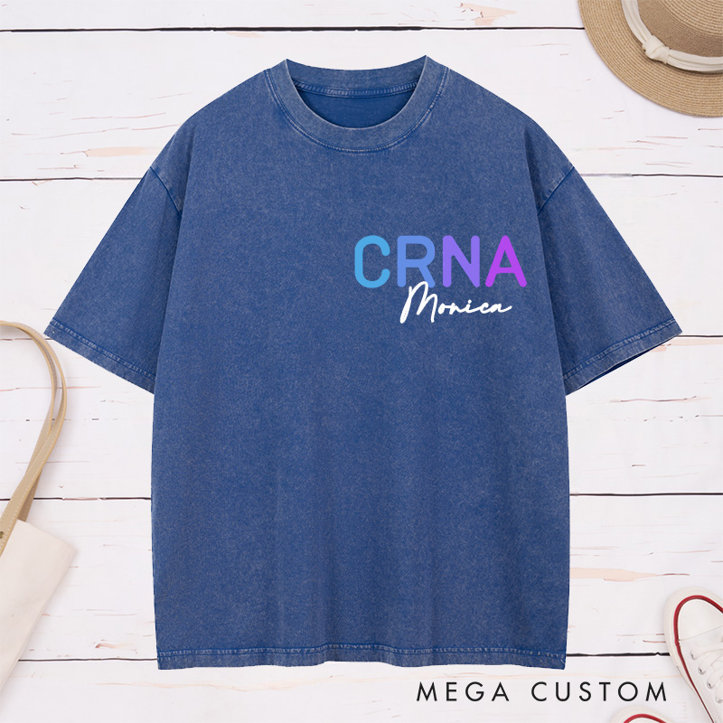 Personalized Nurse Washed T-Shirt Customized Vintage Brown CRNA Design Washed T-Shirt 