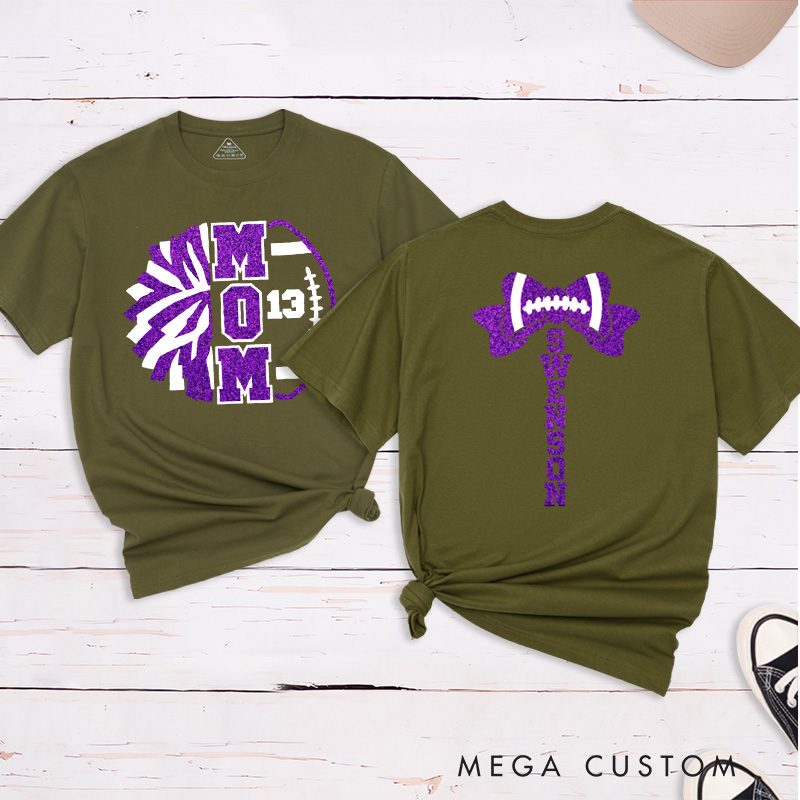 Personalized Glitter American Football and Rugby Cheer Mom T-Shirt with Custom Name on the Back and Number on the Front