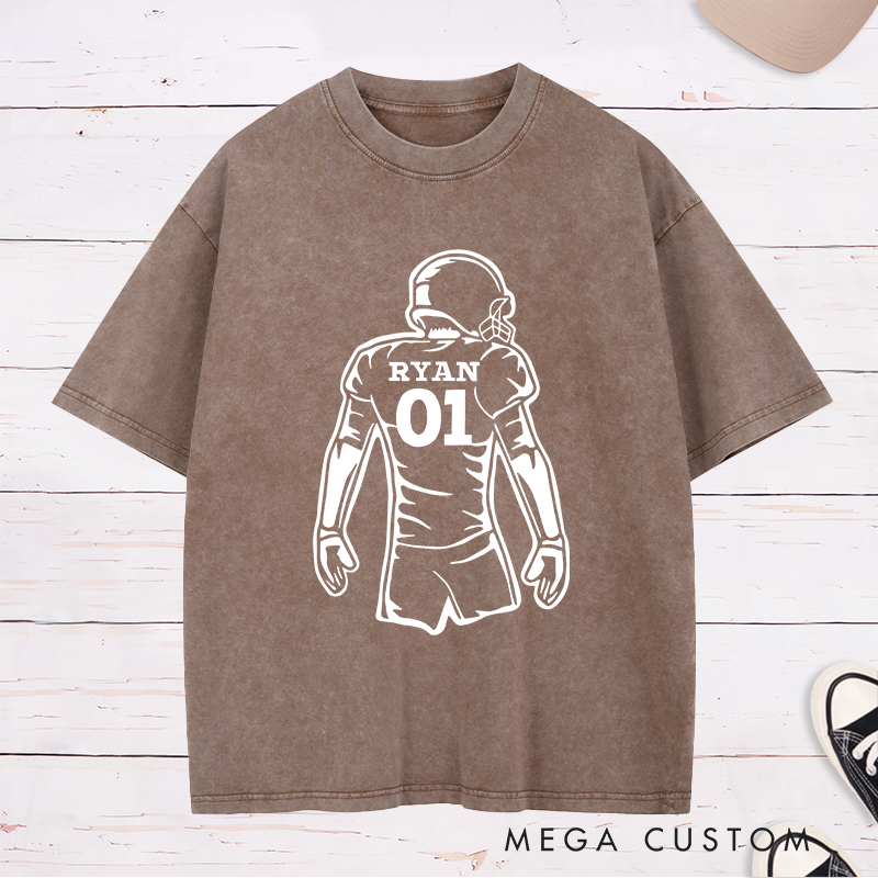 Personalized American Football Player Silhouette Design Washed T-Shirt with Custom Name and Number